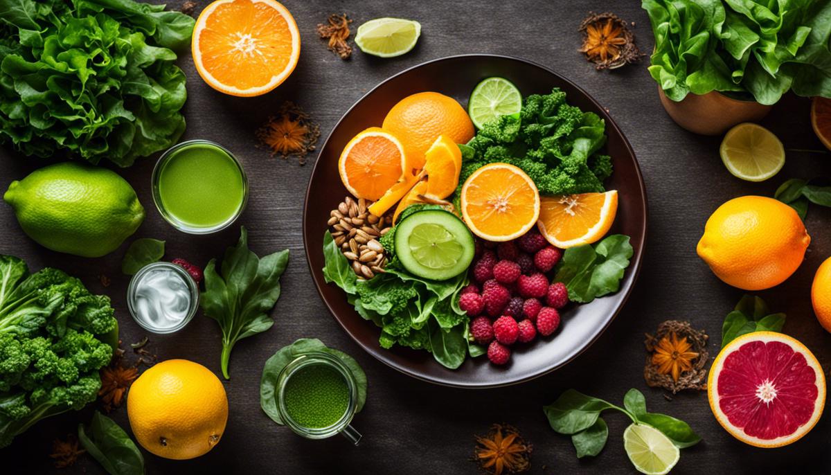 Image description: A plateful of colorful detoxifying foods, including leafy greens, citrus fruits, and a glass of water.