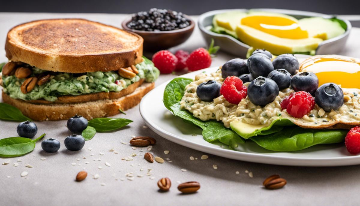 A delicious plate of breakfast foods with scrambled eggs, pancakes with blueberries, a bowl of oatmeal with honey and chia seeds, a green smoothie with spinach, nuts sprinkled on yogurt, and avocado toast on whole-grain bread with salt and pepper.