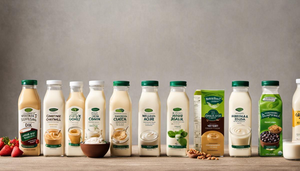 A diverse selection of dairy substitutes, showcasing various plant-based milks in different containers.