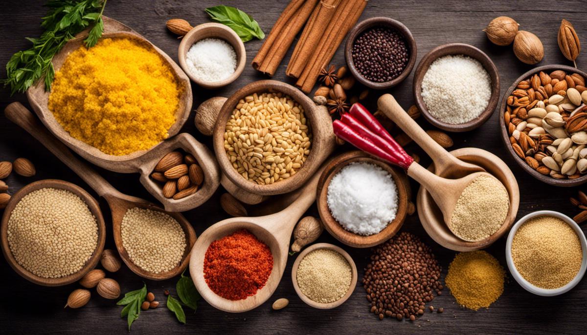 An image showing a variety of gluten-free ingredients, including grains, flours, spices, nuts, and vegetables.