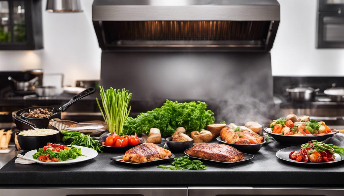 Image of various healthy cooking methods such as steaming, sautéeing, roasting, grilling, and baking.