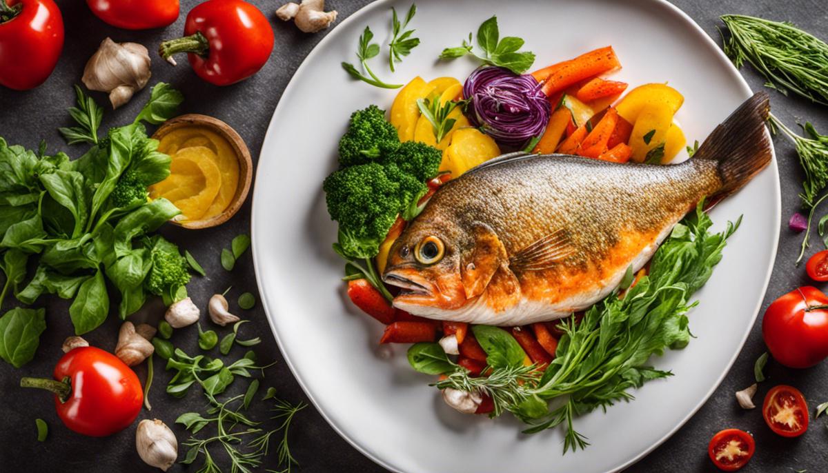 A plate with colorful vegetables, fish and herbs, representing heart-healthy cooking.