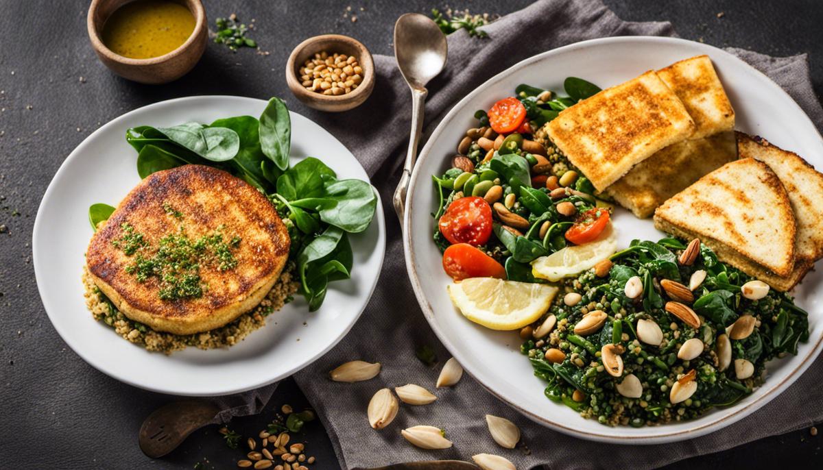A photo of a high-protein vegetarian meal with vibrant colors and diverse textures, consisting of pan-fried tofu, quinoa salad, artichokes, sprouted mung beans salad, sauteed spinach with garlic and toasted almonds, savory pancakes, and legume curry.