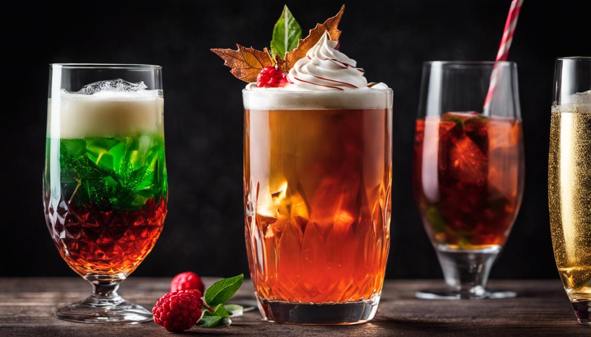 Assorted holiday beverages in beautifully garnished glasses
