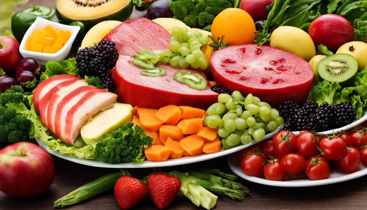 A plate of low-fat foods including fresh fruits, vegetables, and lean protein.