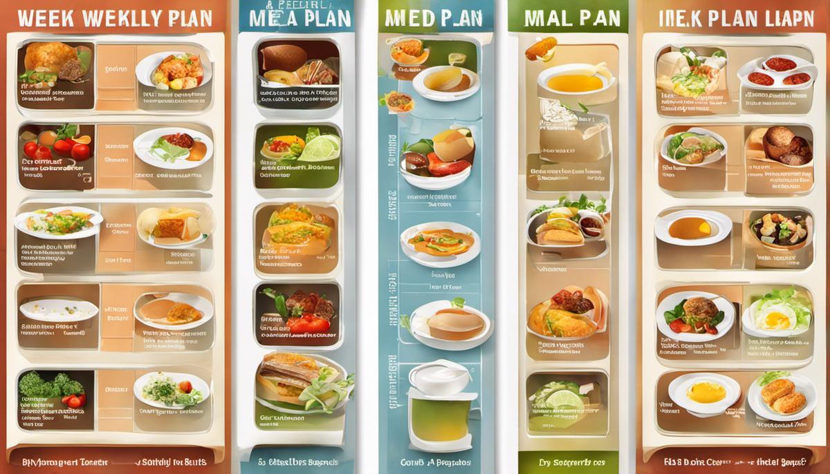 A visual representation of a weekly meal plan with different food items and cooking methods.