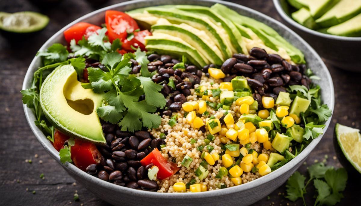 A bowl filled with colorful ingredients such as quinoa, black beans, corn, avocado, and crispy tortilla strips. The bowl is drizzled with a zesty lime and cilantro vinaigrette, topped with salsa and guacamole.