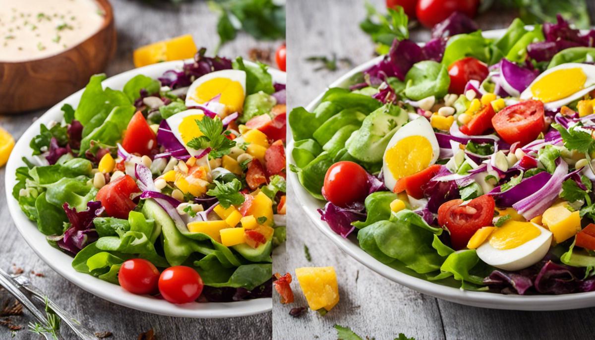 A vibrant and colorful salad with various dressings on top.