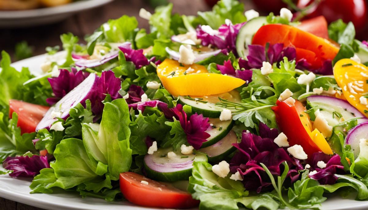 A plate of vibrant and colorful salad, brimming with fresh vegetables and herbs.