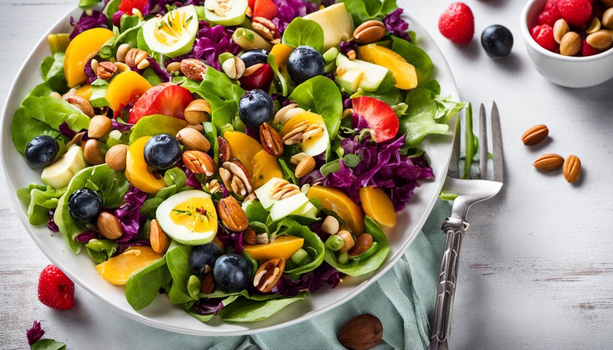 An image of a vibrant salad with an array of colorful vegetables, fruits, and nuts. It represents a healthy and visually appealing salad symphony.