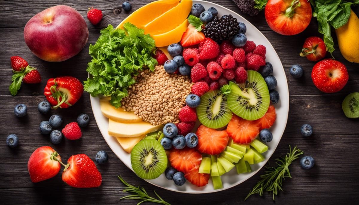 A colorful plate with various fruits, vegetables, lean proteins, and whole grains, representing a wholesome, balanced diet for weight loss.