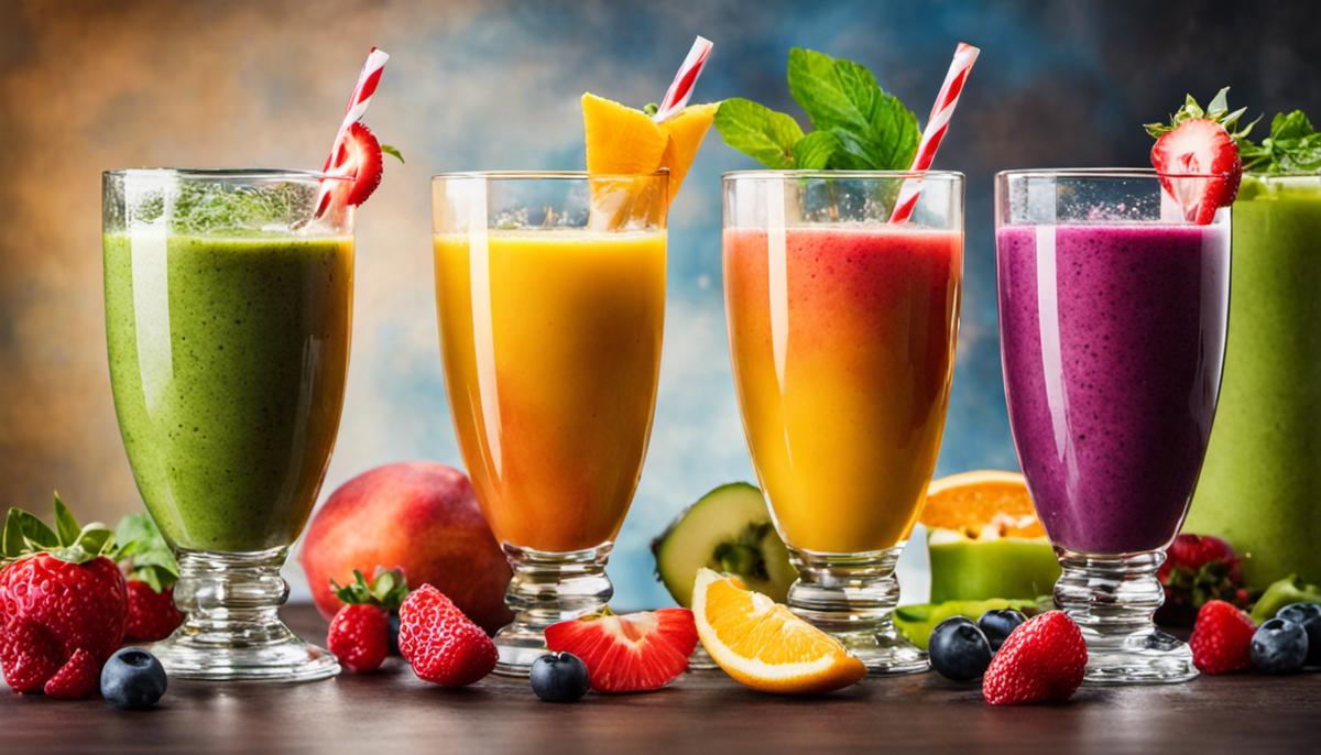 A colorful image of a variety of smoothies in different glasses, showcasing the vibrant colors and ingredients used in smoothies.