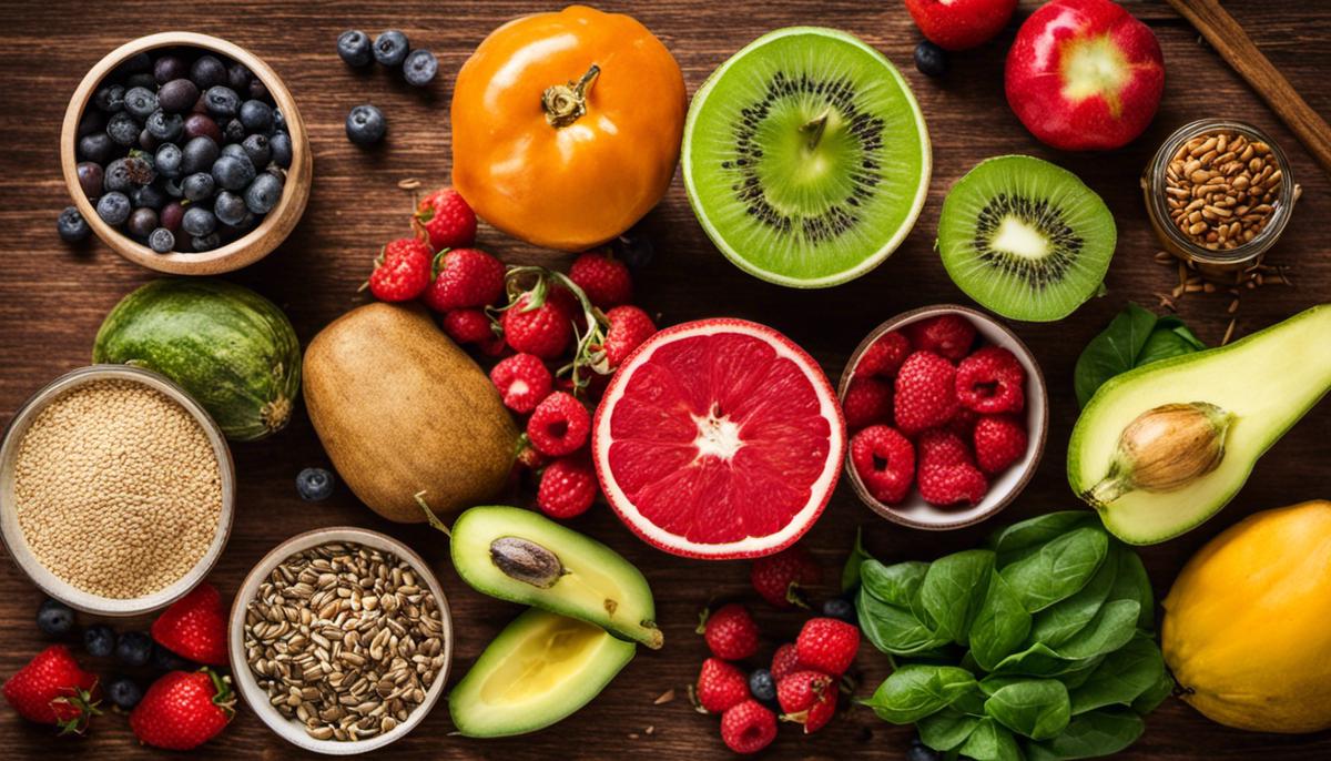 An image of various fruits, vegetables, seeds, and spices that are used as ingredients in healthy smoothies.