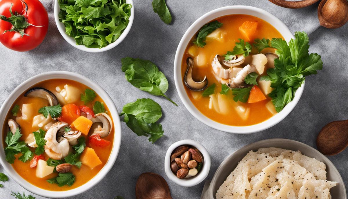 A variety of colorful ingredients like vegetables, mushrooms, seafood, nuts, and leafy greens that are commonly used in healthy soups.