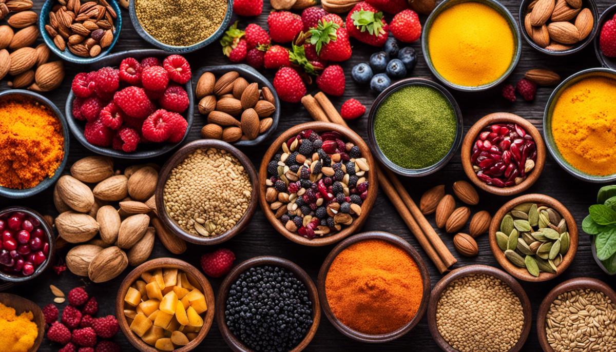 A colorful assortment of various superfoods, including berries, nuts, seeds, and spices.