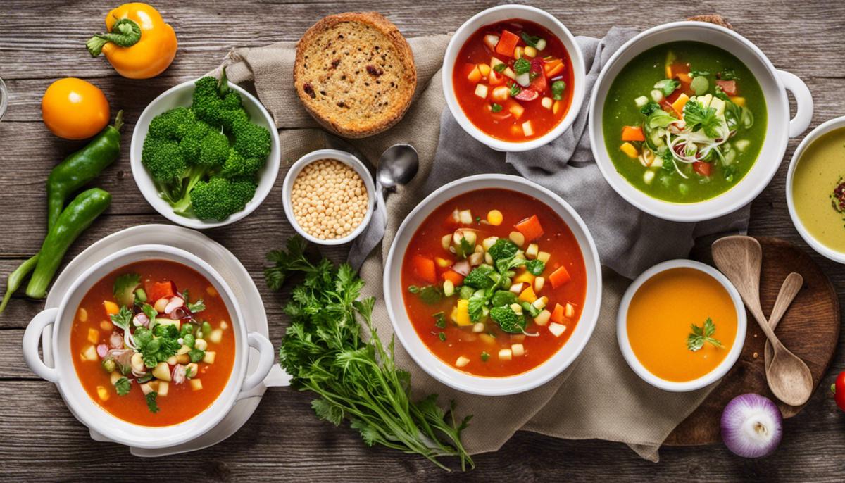 A colorful image showing a variety of nutrient-packed vegetables in a bowl of soup
